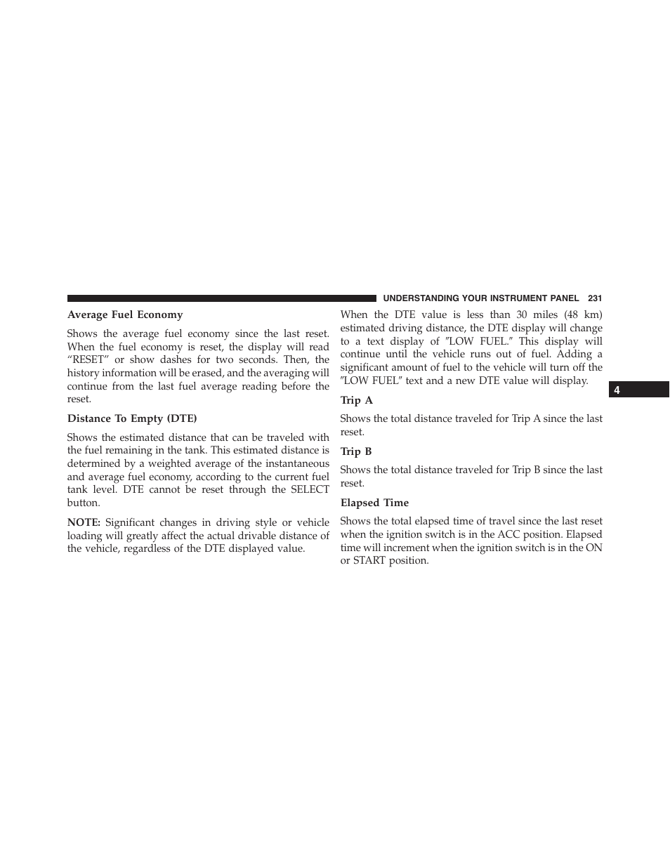 Average fuel economy, Distance to empty (dte), Trip a | Trip b, Elapsed time | Dodge 2014 Challenger_SRT - Owner Manual User Manual | Page 232 / 529