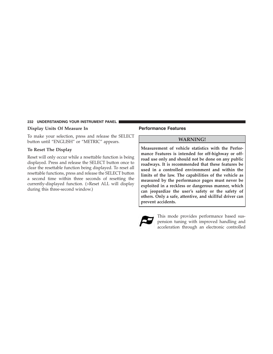 Display units of measure in, To reset the display, Performance features | Dodge 2014 Challenger_SRT - Owner Manual User Manual | Page 233 / 529