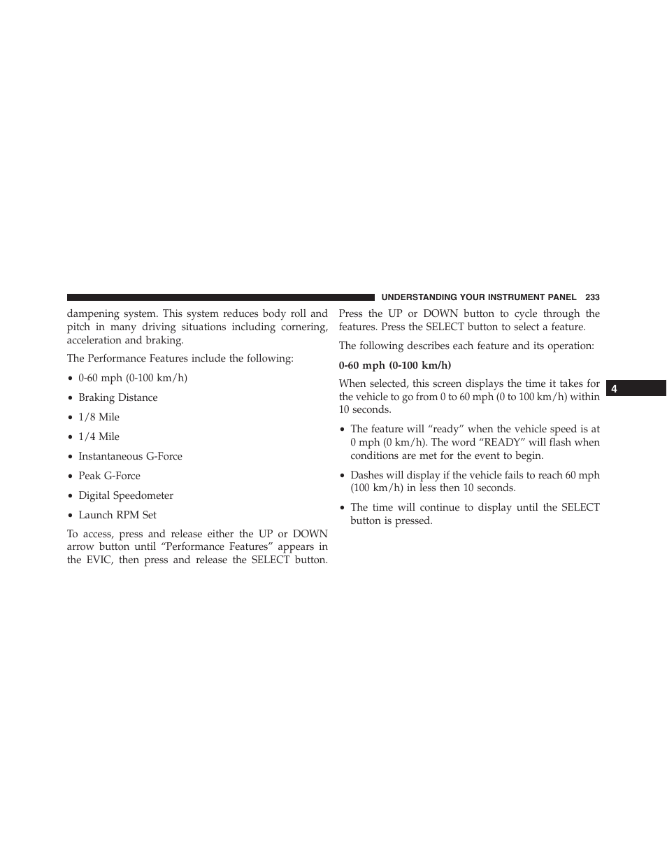 60 mph (0-100 km/h) | Dodge 2014 Challenger_SRT - Owner Manual User Manual | Page 234 / 529