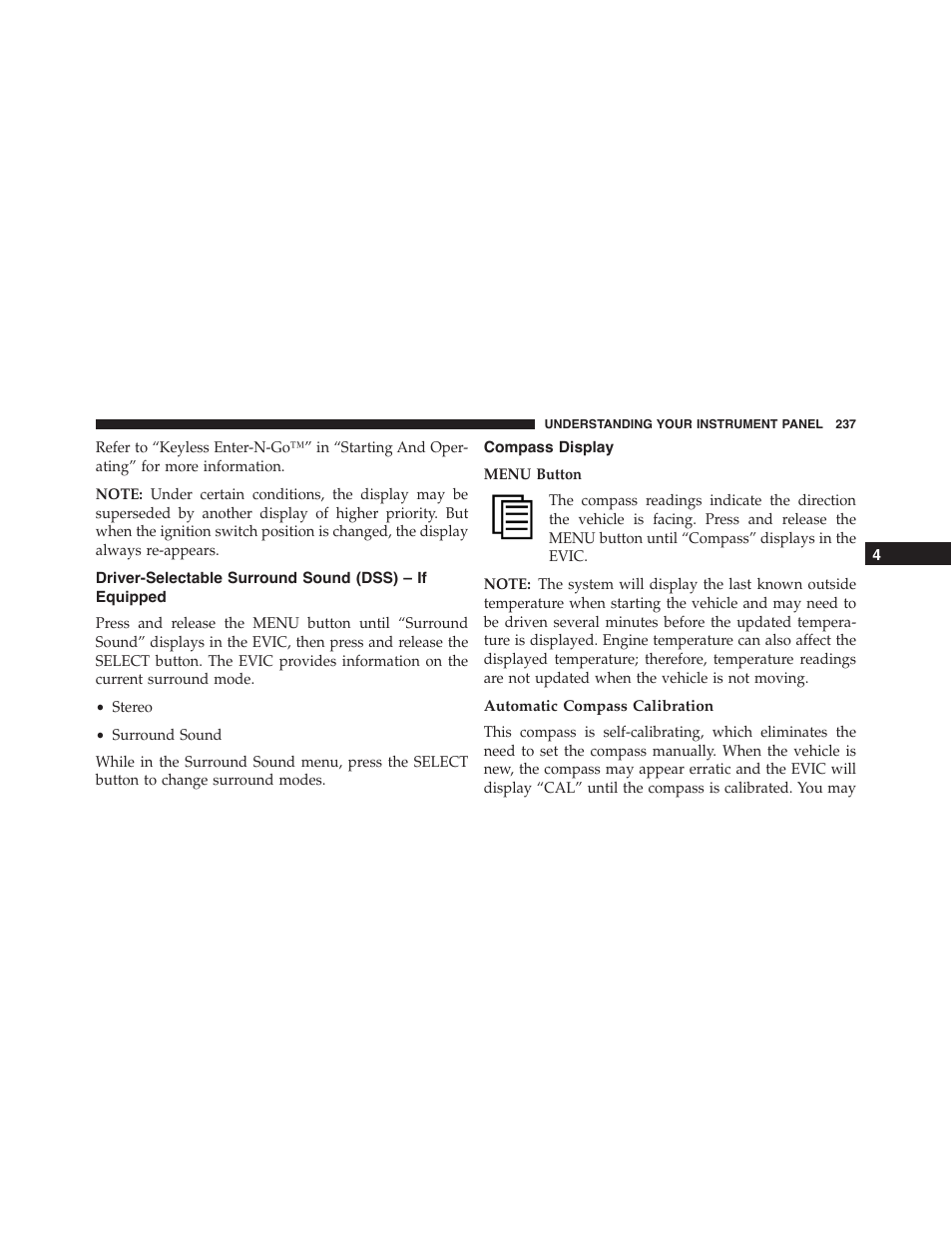 Compass display, Automatic compass calibration, Driver-selectable surround sound (dss) | If equipped | Dodge 2014 Challenger_SRT - Owner Manual User Manual | Page 238 / 529