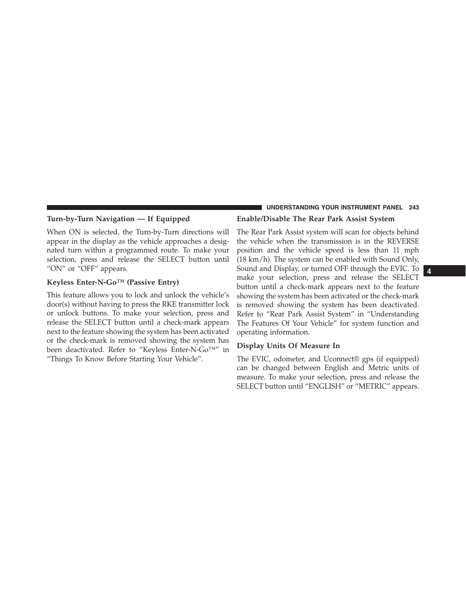 Turn-by-turn navigation — if equipped, Keyless enter-n-go™ (passive entry), Enable/disable the rear park assist system | Display units of measure in | Dodge 2014 Challenger_SRT - Owner Manual User Manual | Page 244 / 529