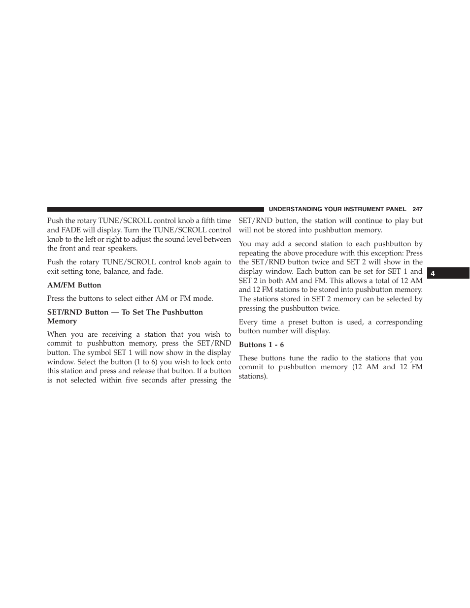 Am/fm button, Set/rnd button — to set the pushbutton memory, Buttons 1 - 6 | Dodge 2014 Challenger_SRT - Owner Manual User Manual | Page 248 / 529