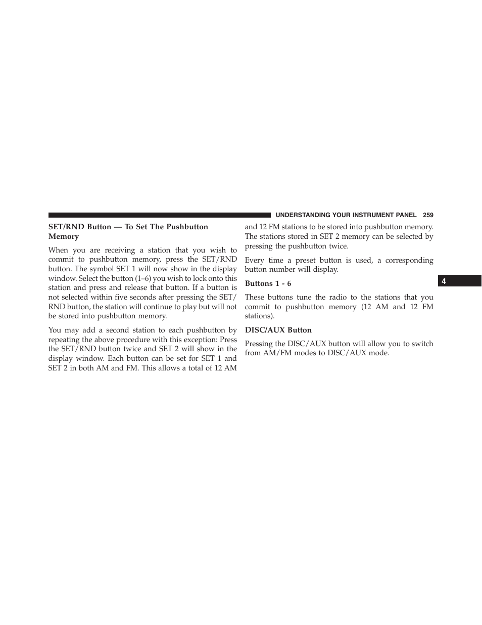 Set/rnd button — to set the pushbutton memory, Buttons 1 - 6, Disc/aux button | Dodge 2014 Challenger_SRT - Owner Manual User Manual | Page 260 / 529
