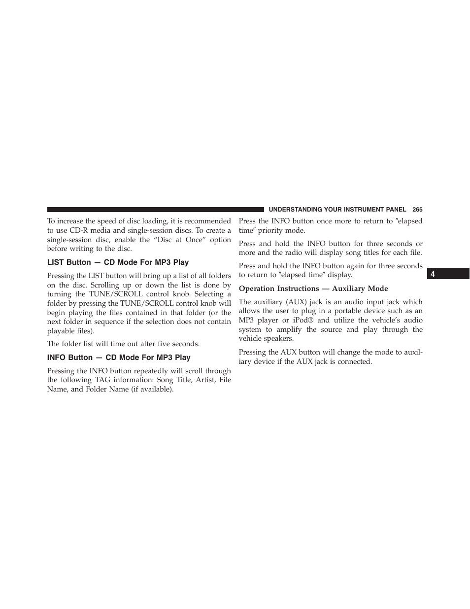 List button — cd mode for mp3 play, Info button — cd mode for mp3 play, Operation instructions — auxiliary mode | Dodge 2014 Challenger_SRT - Owner Manual User Manual | Page 266 / 529