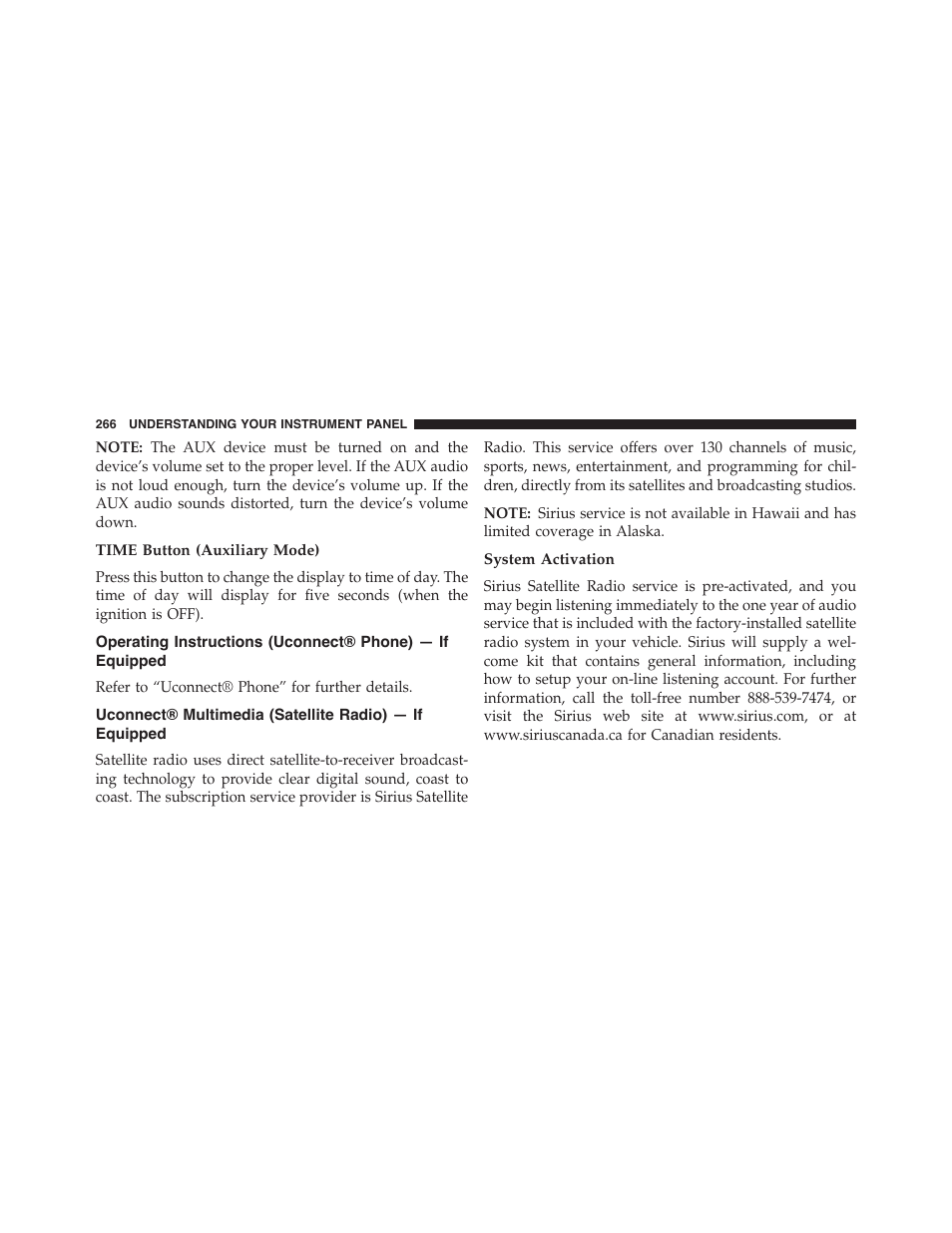 Time button (auxiliary mode), System activation, Operating instructions (uconnect® phone) | If equipped, Uconnect® multimedia (satellite radio) | Dodge 2014 Challenger_SRT - Owner Manual User Manual | Page 267 / 529