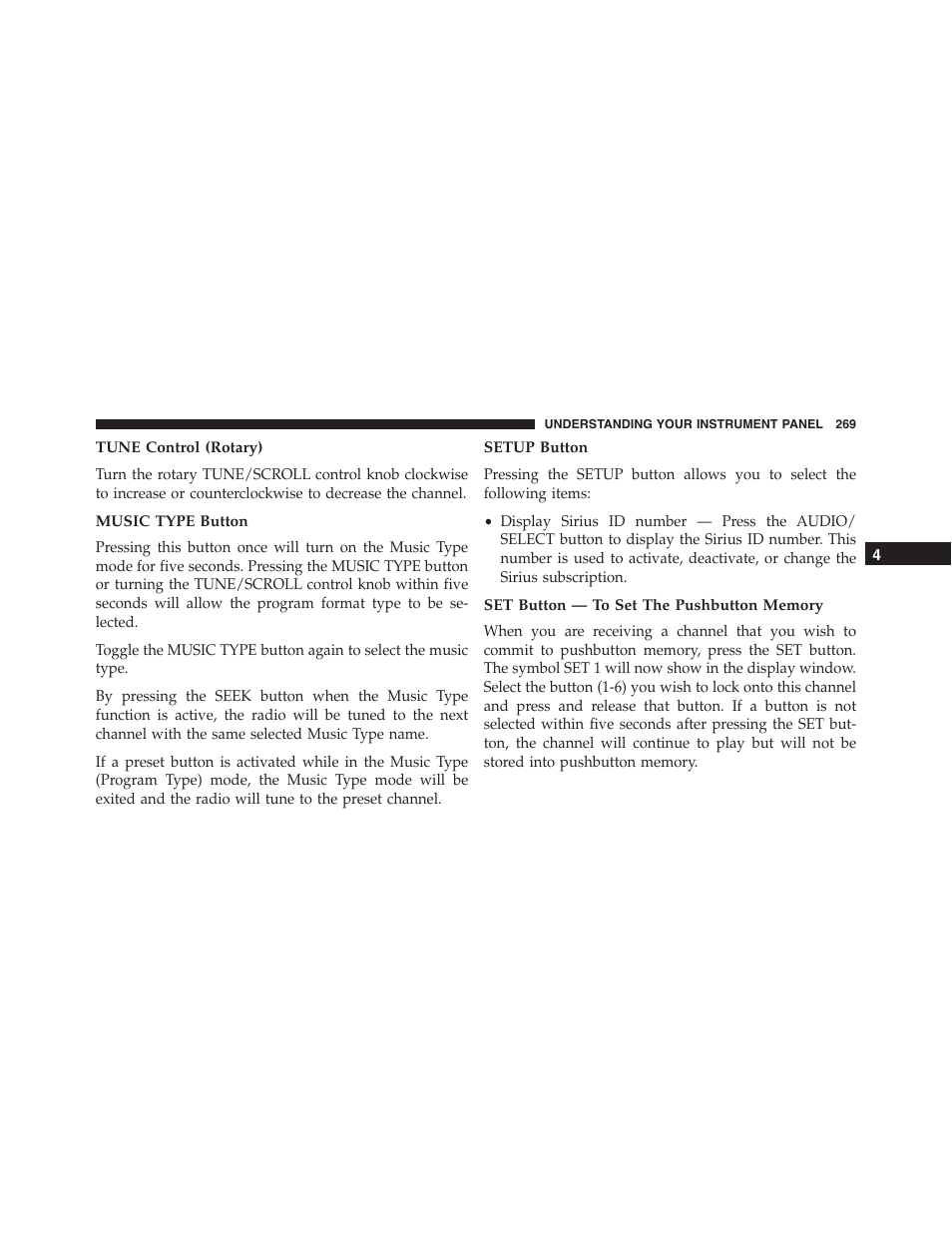 Tune control (rotary), Music type button, Setup button | Set button — to set the pushbutton memory | Dodge 2014 Challenger_SRT - Owner Manual User Manual | Page 270 / 529