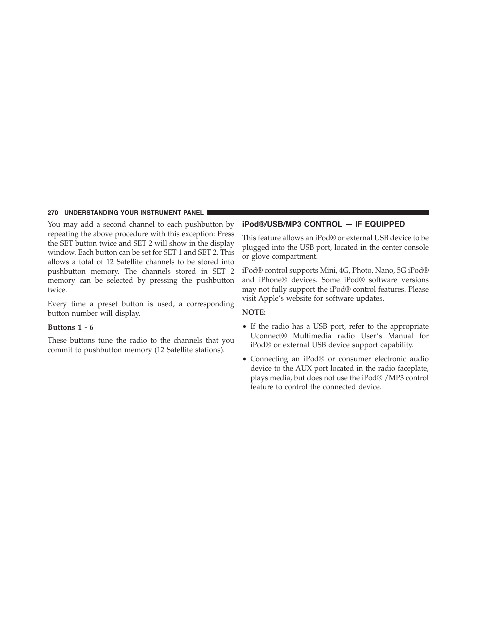 Buttons 1 - 6, Ipod®/usb/mp3 control — if equipped | Dodge 2014 Challenger_SRT - Owner Manual User Manual | Page 271 / 529