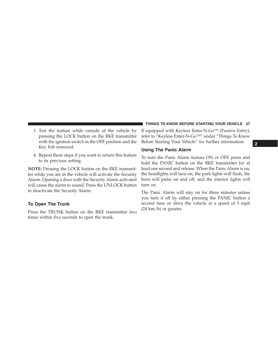 To open the trunk, Using the panic alarm | Dodge 2014 Challenger_SRT - Owner Manual User Manual | Page 28 / 529