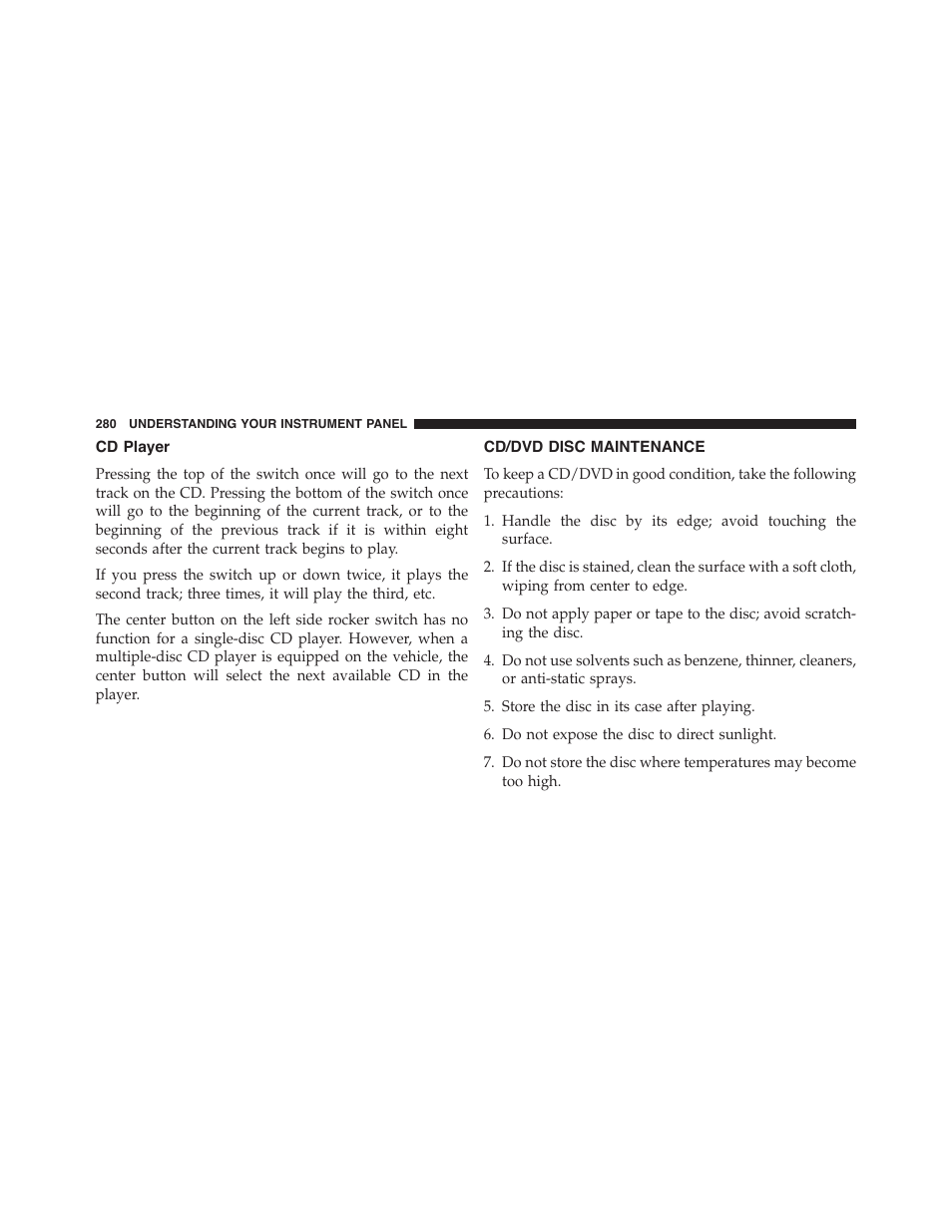 Cd player, Cd/dvd disc maintenance | Dodge 2014 Challenger_SRT - Owner Manual User Manual | Page 281 / 529