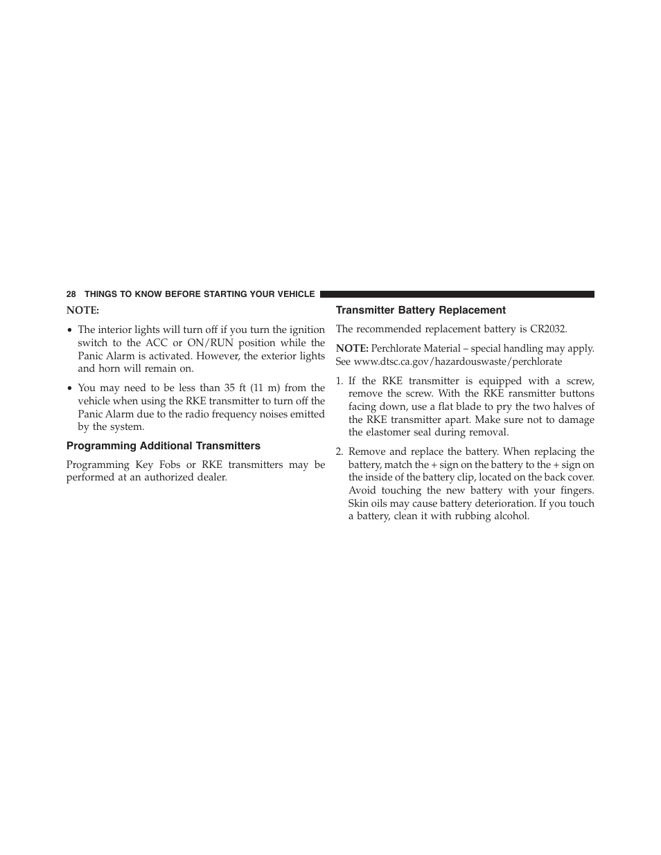 Programming additional transmitters, Transmitter battery replacement | Dodge 2014 Challenger_SRT - Owner Manual User Manual | Page 29 / 529