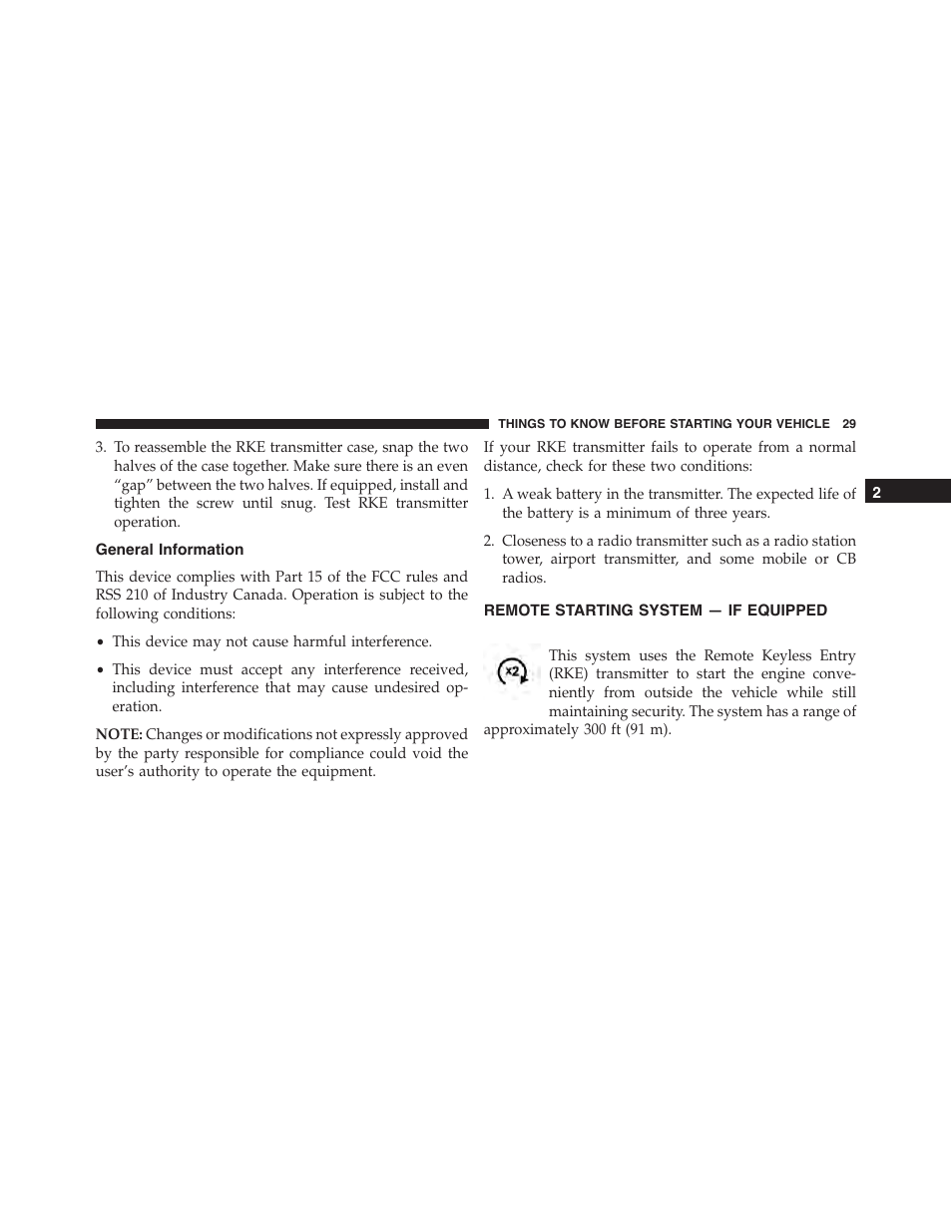 General information, Remote starting system — if equipped | Dodge 2014 Challenger_SRT - Owner Manual User Manual | Page 30 / 529