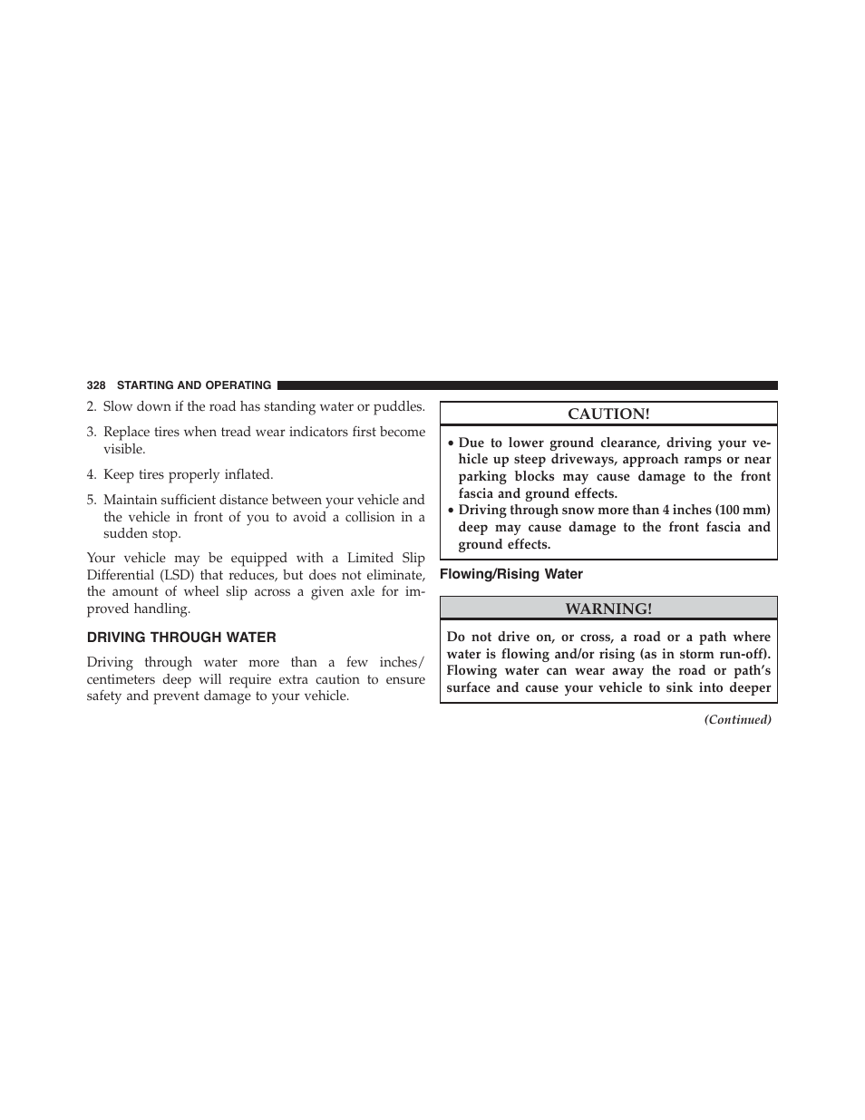Driving through water, Flowing/rising water | Dodge 2014 Challenger_SRT - Owner Manual User Manual | Page 329 / 529