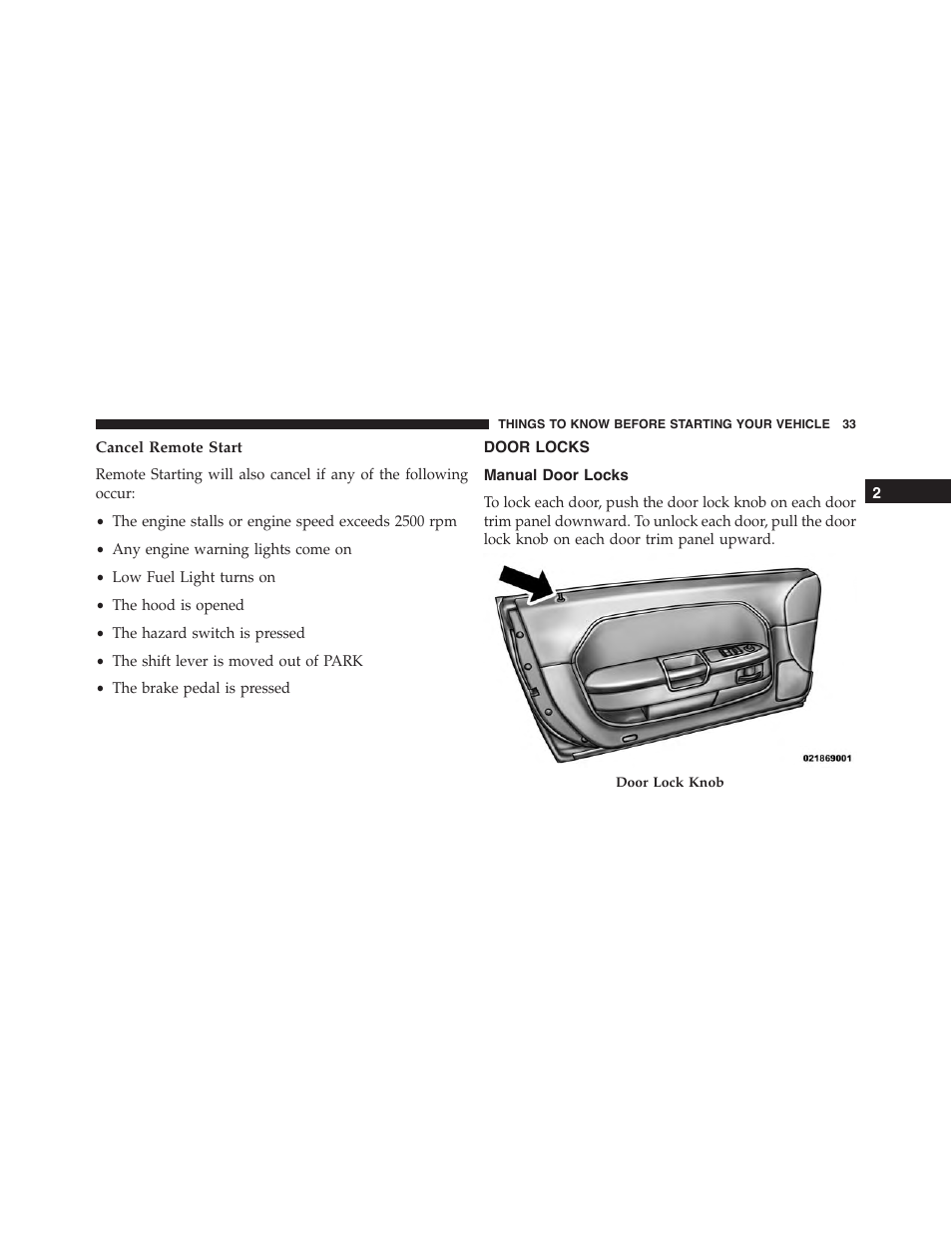 Cancel remote start, Door locks, Manual door locks | Dodge 2014 Challenger_SRT - Owner Manual User Manual | Page 34 / 529