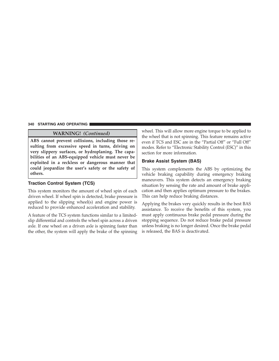 Traction control system (tcs), Brake assist system (bas) | Dodge 2014 Challenger_SRT - Owner Manual User Manual | Page 341 / 529