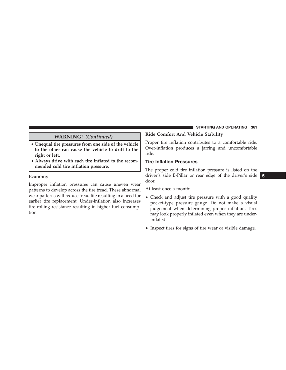 Economy, Ride comfort and vehicle stability, Tire inflation pressures | Dodge 2014 Challenger_SRT - Owner Manual User Manual | Page 362 / 529