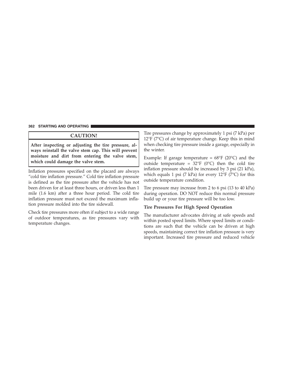 Tire pressures for high speed operation | Dodge 2014 Challenger_SRT - Owner Manual User Manual | Page 363 / 529