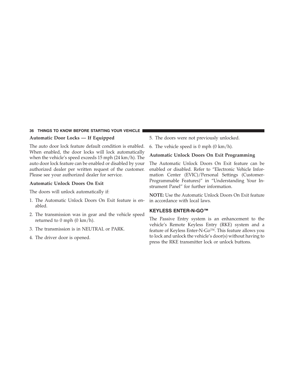 Automatic door locks — if equipped, Automatic unlock doors on exit, Automatic unlock doors on exit programming | Keyless enter-n-go | Dodge 2014 Challenger_SRT - Owner Manual User Manual | Page 37 / 529