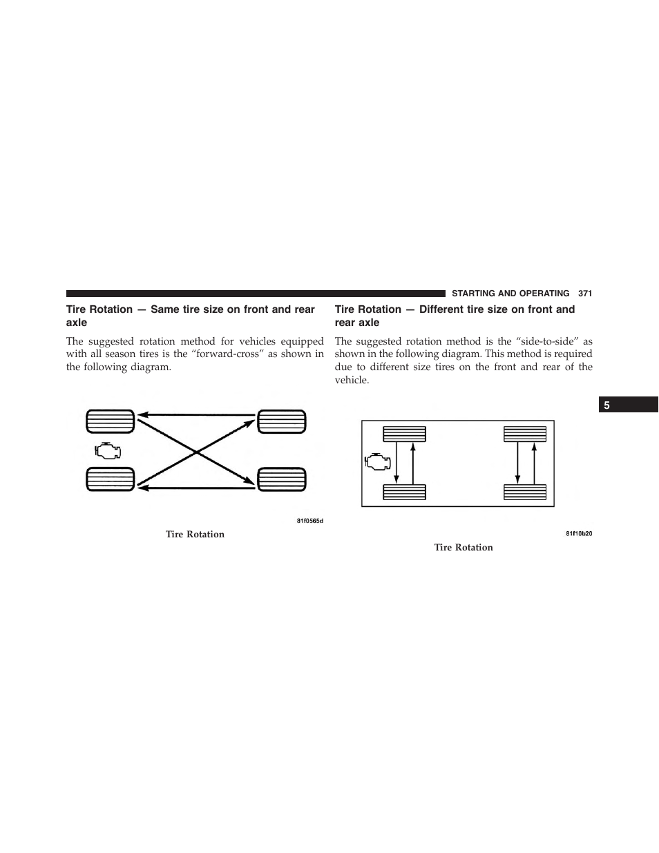 Tire rotation — same tire size on front and rear, Axle, Tire rotation — different tire size on front and | Rear axle | Dodge 2014 Challenger_SRT - Owner Manual User Manual | Page 372 / 529