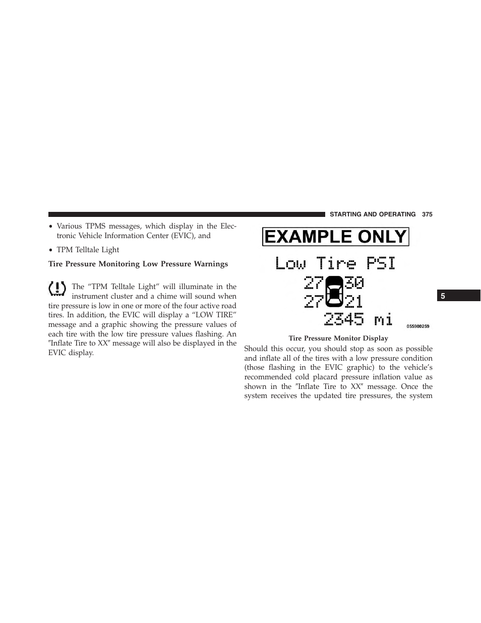 Tire pressure monitoring low pressure warnings | Dodge 2014 Challenger_SRT - Owner Manual User Manual | Page 376 / 529