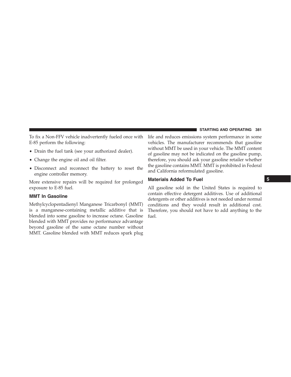 Mmt in gasoline, Materials added to fuel | Dodge 2014 Challenger_SRT - Owner Manual User Manual | Page 382 / 529