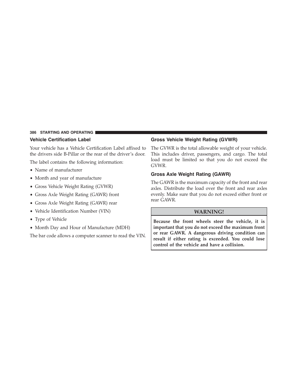 Vehicle certification label, Gross vehicle weight rating (gvwr), Gross axle weight rating (gawr) | Dodge 2014 Challenger_SRT - Owner Manual User Manual | Page 387 / 529