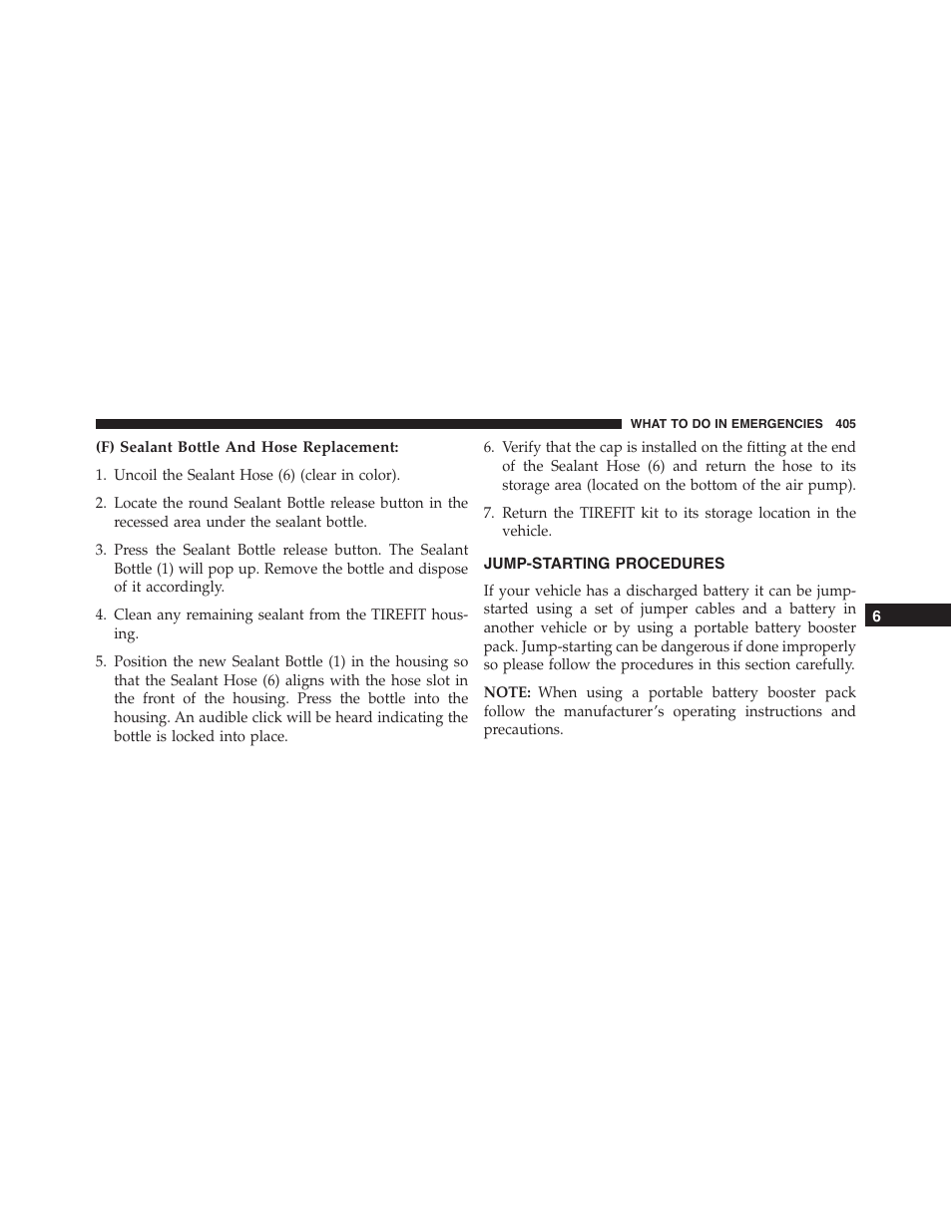 F) sealant bottle and hose replacement, Jump-starting procedures | Dodge 2014 Challenger_SRT - Owner Manual User Manual | Page 406 / 529