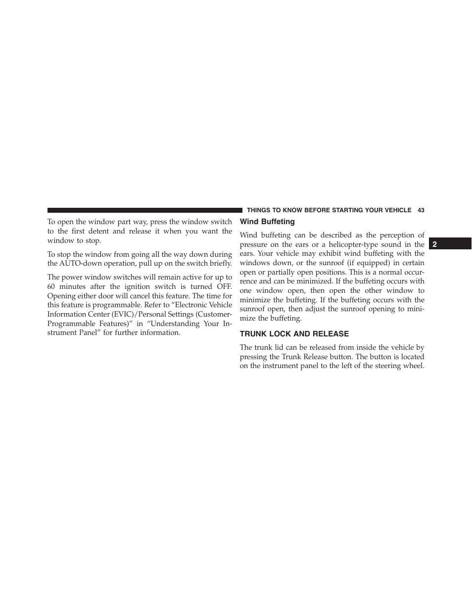 Wind buffeting, Trunk lock and release | Dodge 2014 Challenger_SRT - Owner Manual User Manual | Page 44 / 529