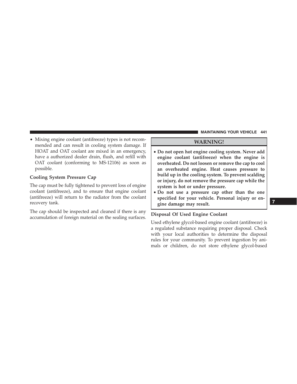 Cooling system pressure cap, Disposal of used engine coolant | Dodge 2014 Challenger_SRT - Owner Manual User Manual | Page 442 / 529