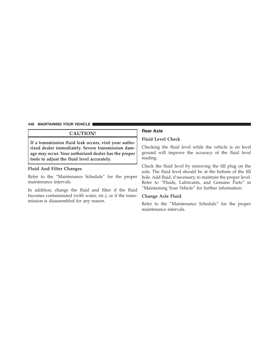 Fluid and filter changes, Rear axle, Fluid level check | Change axle fluid | Dodge 2014 Challenger_SRT - Owner Manual User Manual | Page 449 / 529