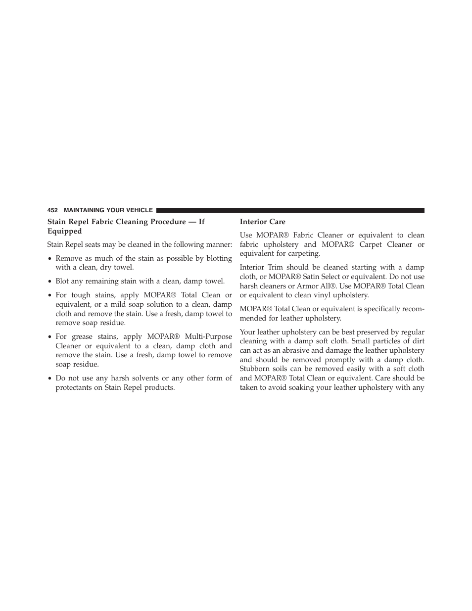 Interior care | Dodge 2014 Challenger_SRT - Owner Manual User Manual | Page 453 / 529