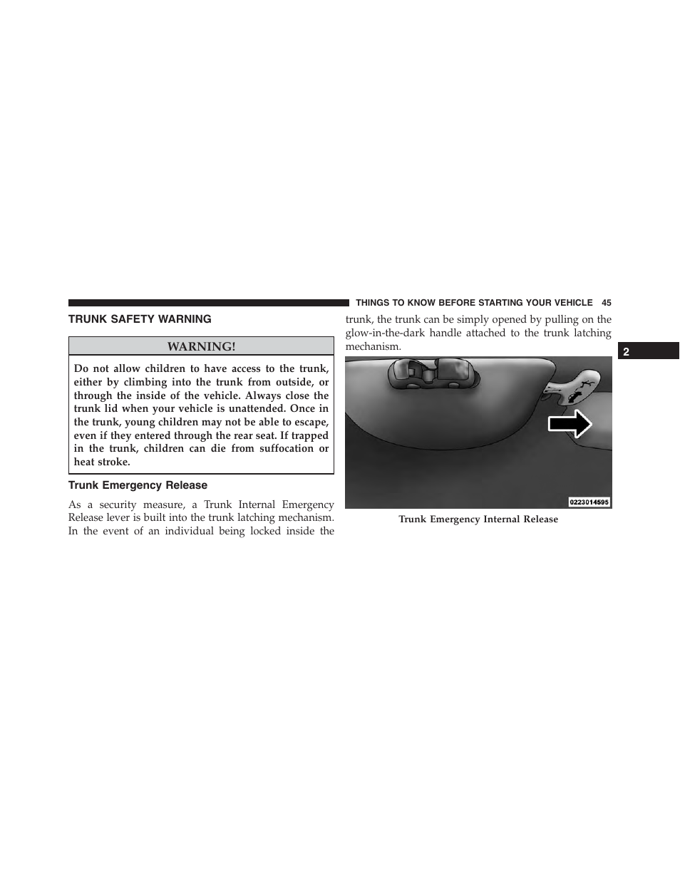 Trunk safety warning, Trunk emergency release | Dodge 2014 Challenger_SRT - Owner Manual User Manual | Page 46 / 529