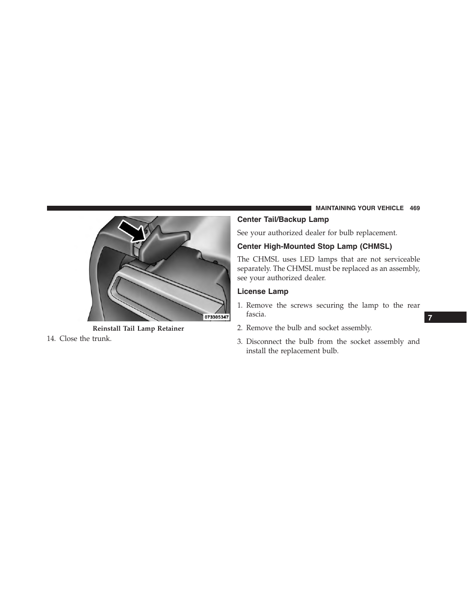 Center tail/backup lamp, Center high-mounted stop lamp (chmsl), License lamp | Dodge 2014 Challenger_SRT - Owner Manual User Manual | Page 470 / 529