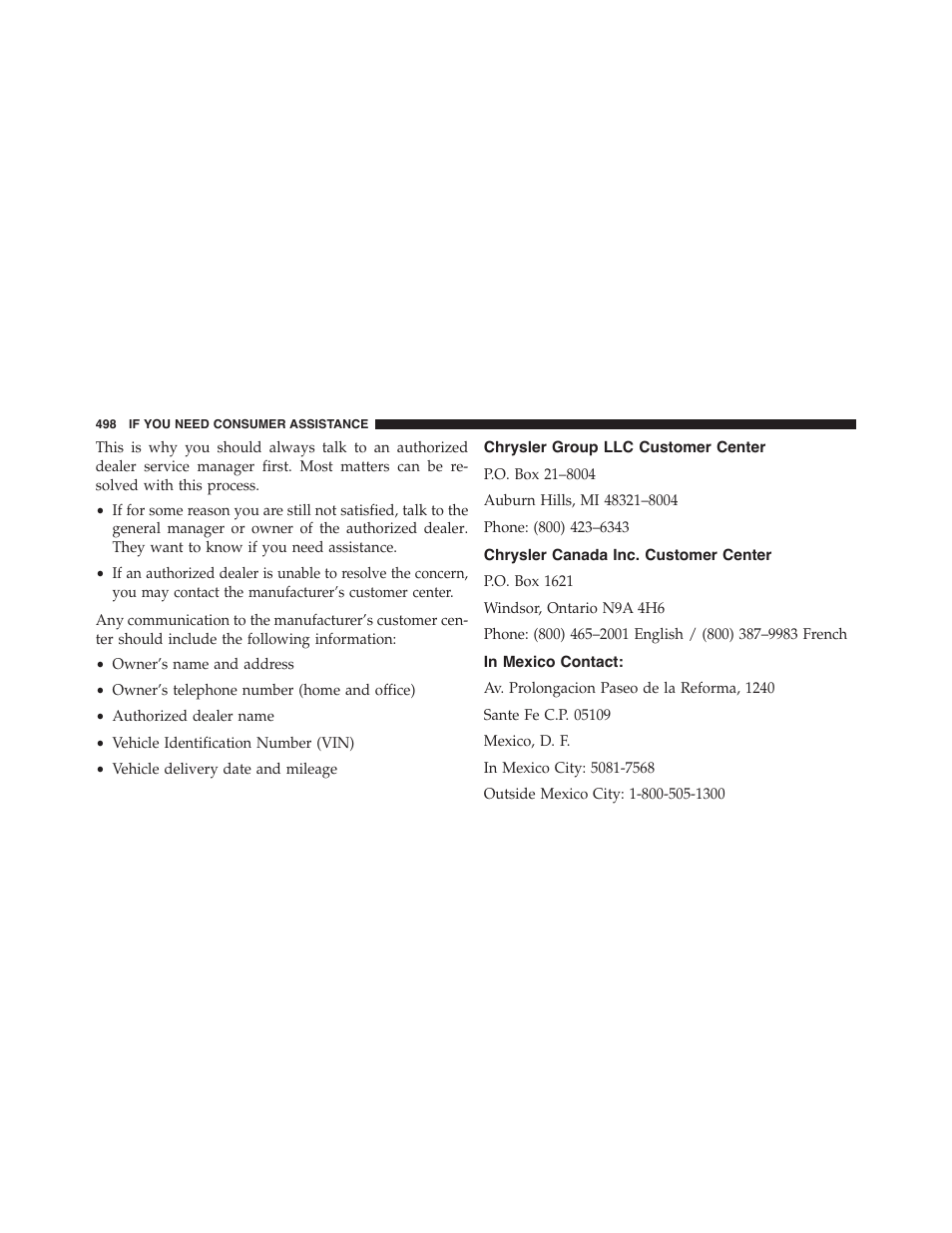 Chrysler group llc customer center, Chrysler canada inc. customer center, In mexico contact | Dodge 2014 Challenger_SRT - Owner Manual User Manual | Page 499 / 529