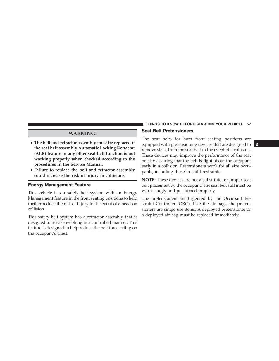 Energy management feature, Seat belt pretensioners | Dodge 2014 Challenger_SRT - Owner Manual User Manual | Page 58 / 529