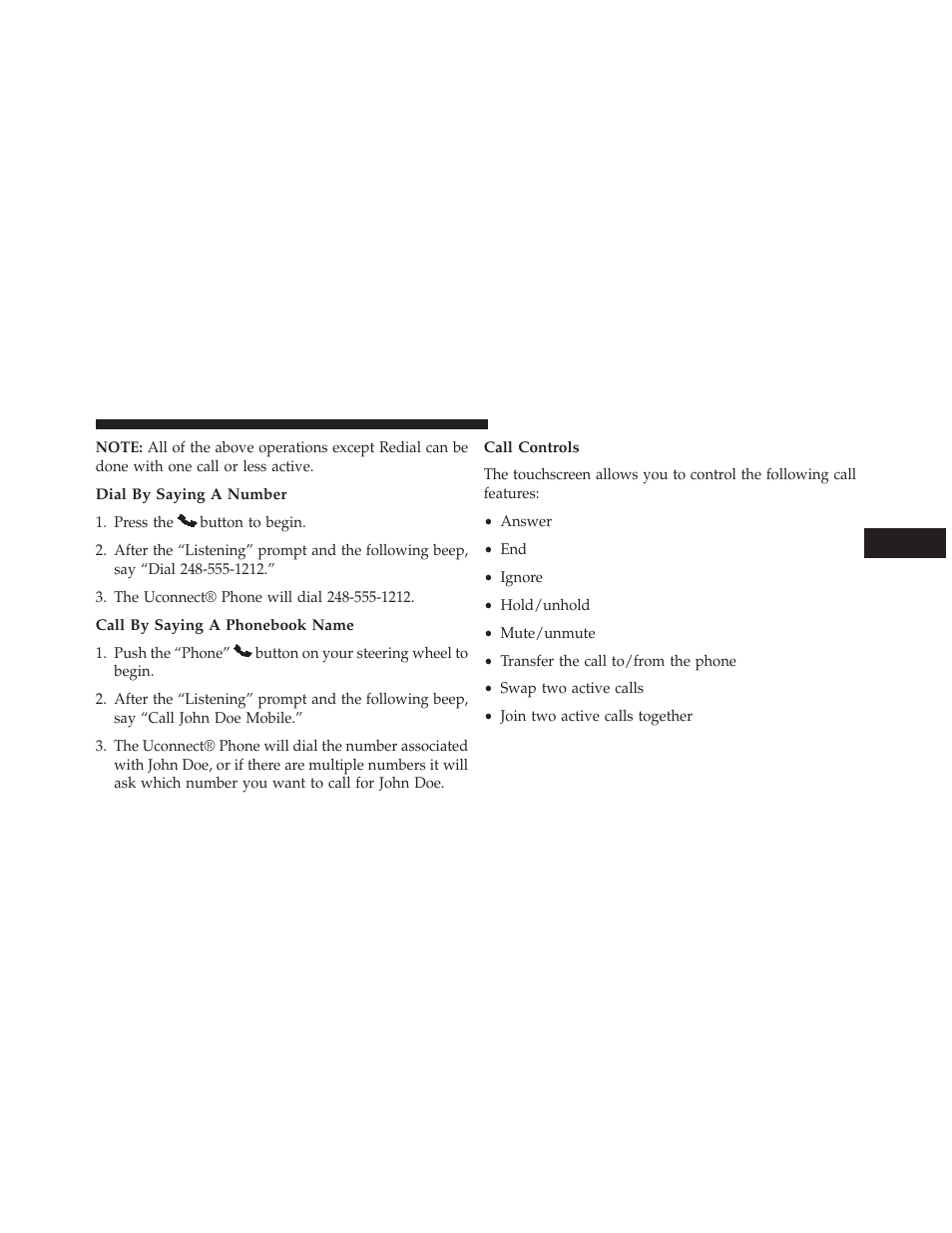 Dial by saying a number, Call by saying a phonebook name, Call controls | Dodge 2014 Charger - Owner Manual User Manual | Page 135 / 635