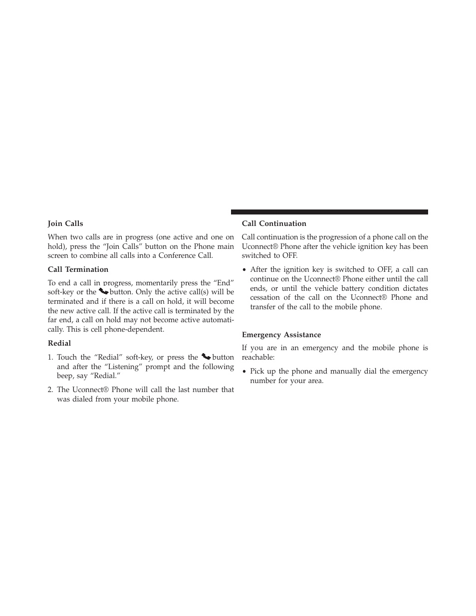 Join calls, Call termination, Redial | Call continuation, Uconnect® phone features, Emergency assistance | Dodge 2014 Charger - Owner Manual User Manual | Page 138 / 635