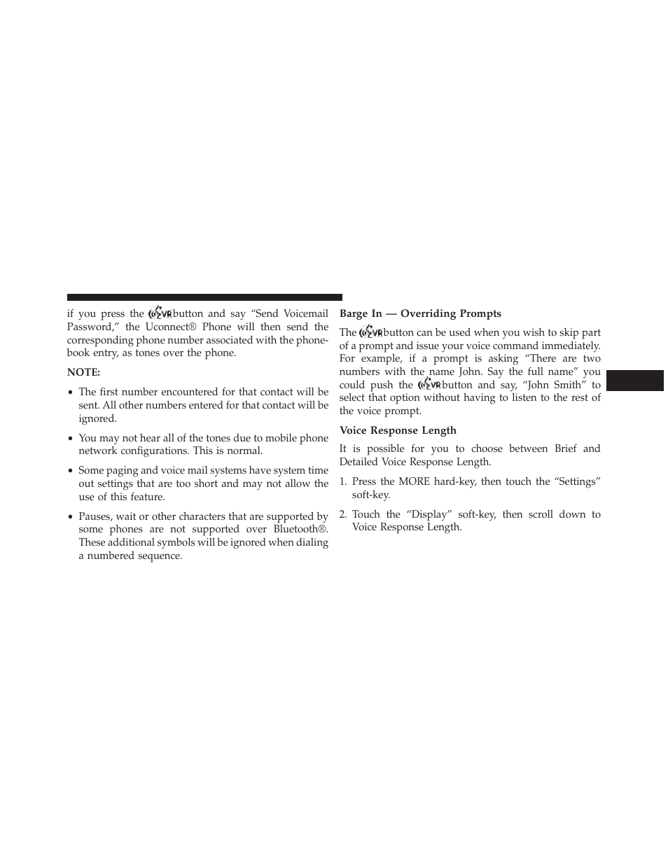 Barge in — overriding prompts, Voice response length | Dodge 2014 Charger - Owner Manual User Manual | Page 141 / 635