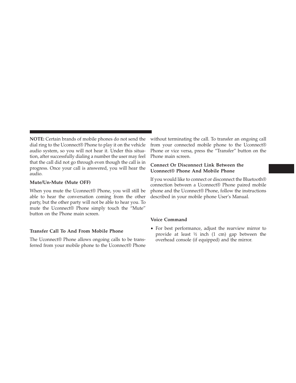 Mute/un-mute (mute off), Advanced phone connectivity, Transfer call to and from mobile phone | Things you should know about your uconnect® phone, Voice command, Things you should know about your, Uconnect® phone | Dodge 2014 Charger - Owner Manual User Manual | Page 143 / 635