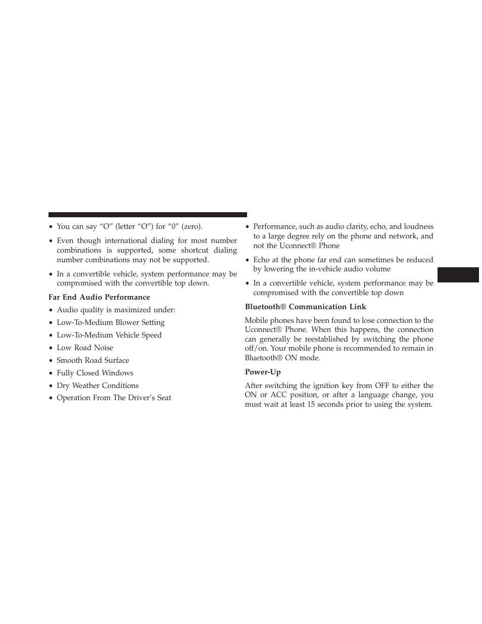 Far end audio performance, Bluetooth® communication link, Power-up | Dodge 2014 Charger - Owner Manual User Manual | Page 145 / 635