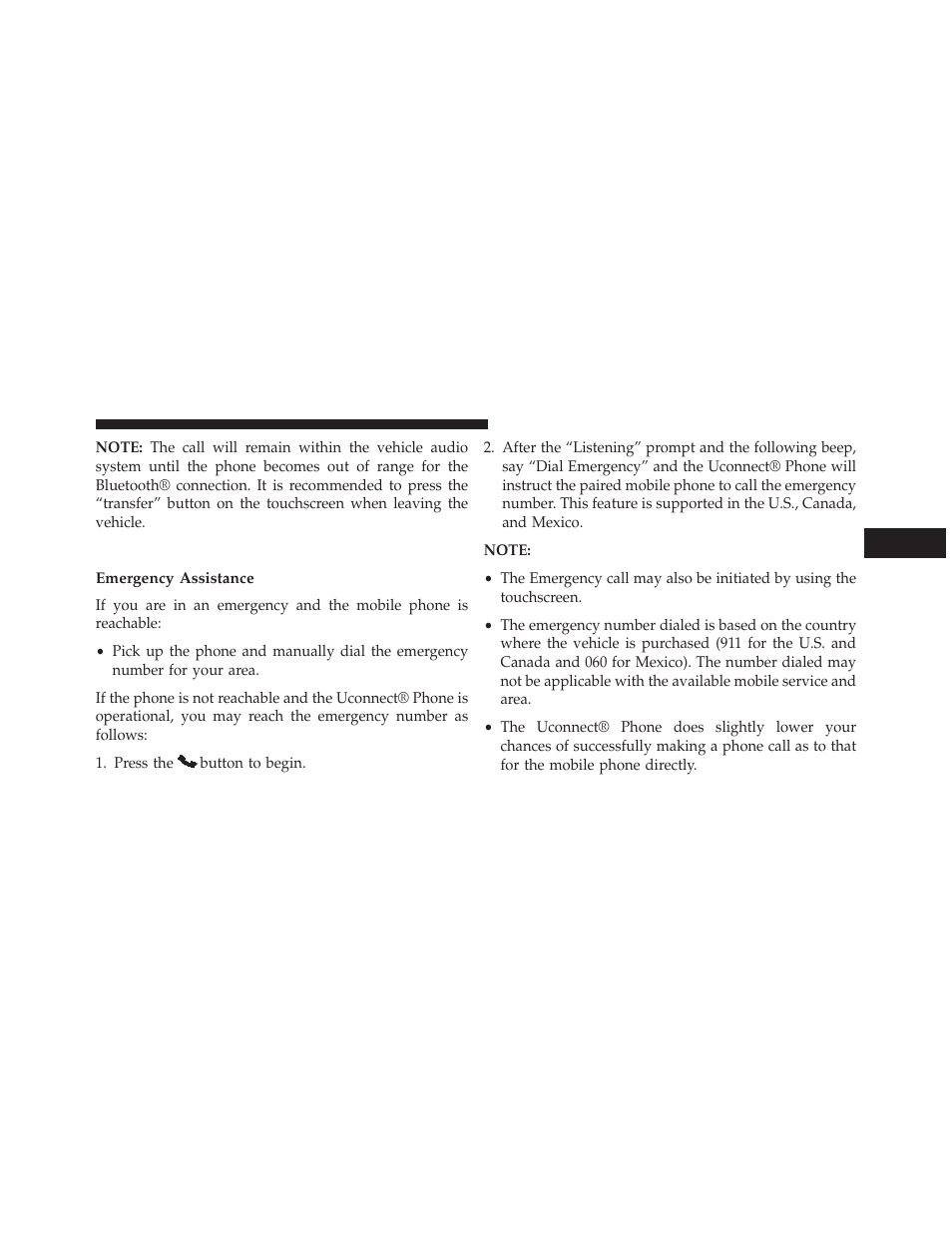 Uconnect® phone features, Emergency assistance | Dodge 2014 Charger - Owner Manual User Manual | Page 167 / 635