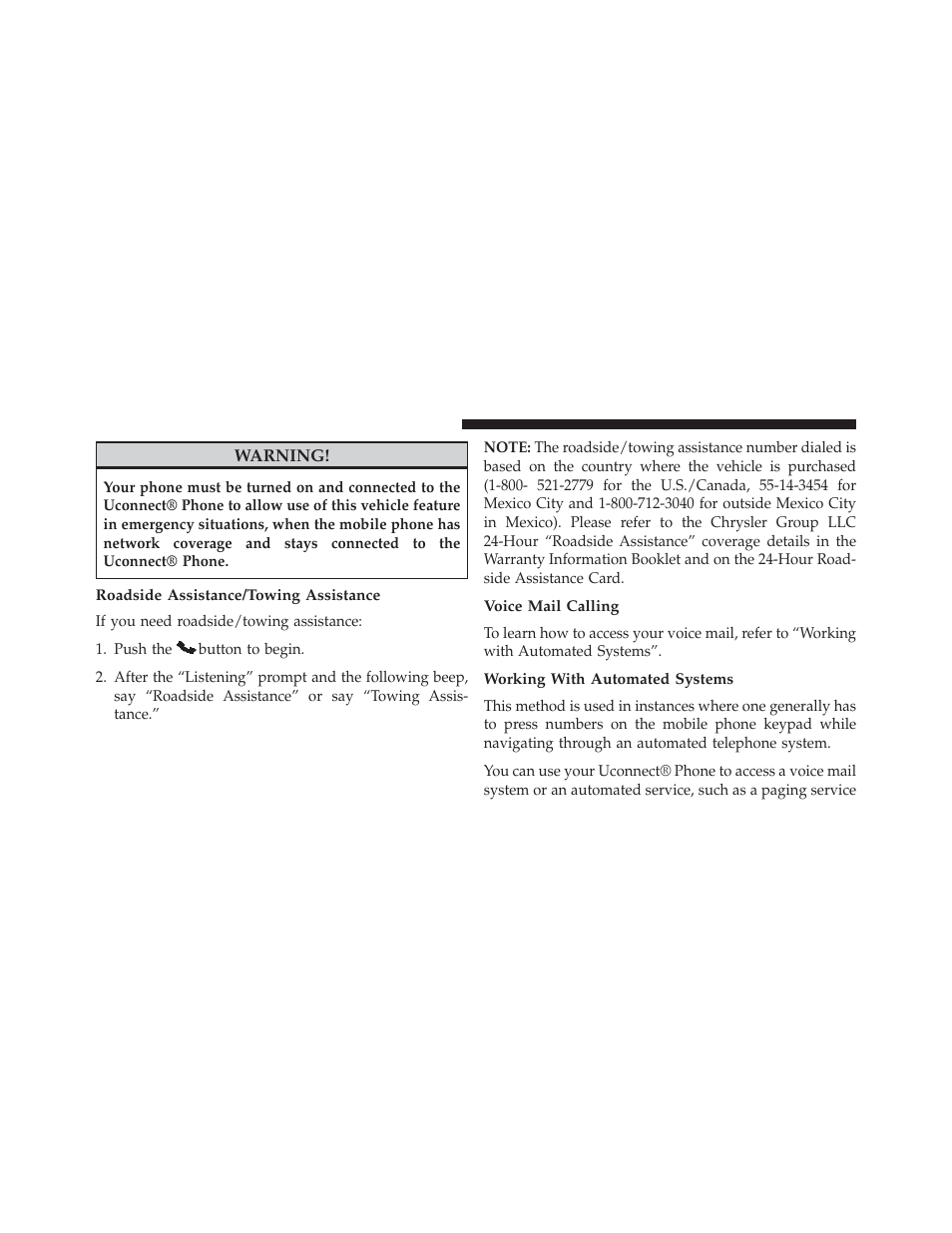 Roadside assistance/towing assistance, Voice mail calling, Working with automated systems | Dodge 2014 Charger - Owner Manual User Manual | Page 168 / 635