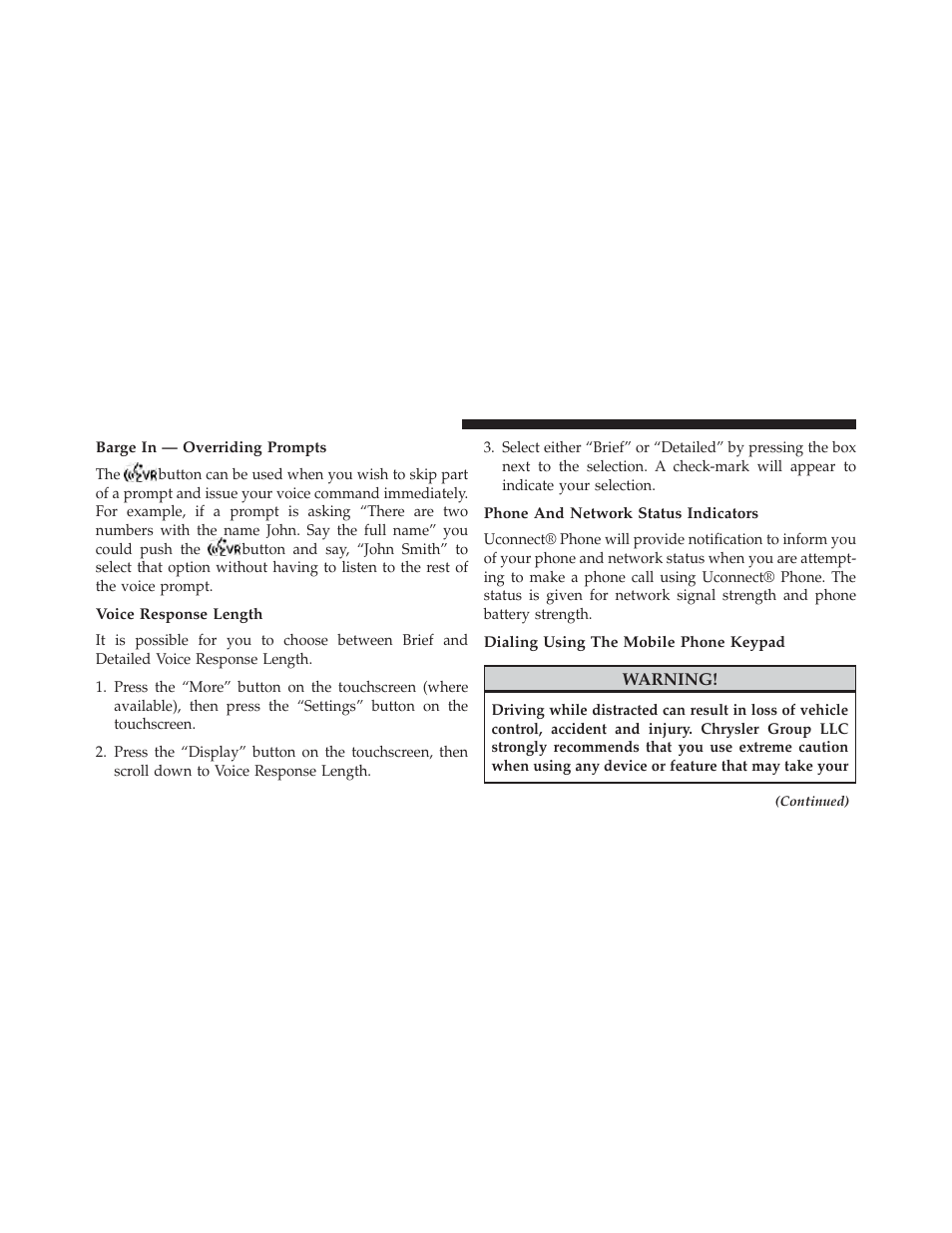 Barge in — overriding prompts, Voice response length, Phone and network status indicators | Dialing using the mobile phone keypad | Dodge 2014 Charger - Owner Manual User Manual | Page 170 / 635