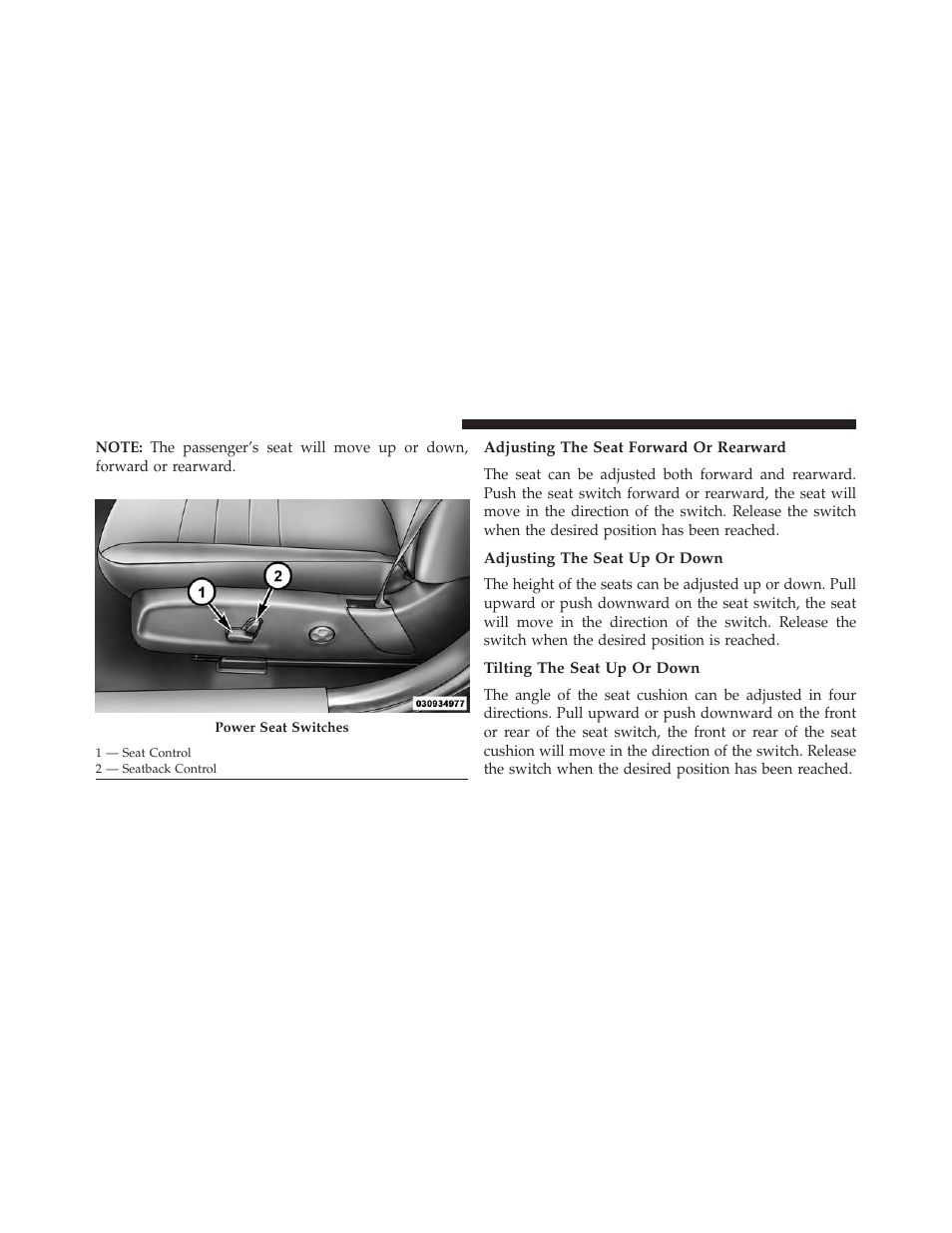 Adjusting the seat forward or rearward, Adjusting the seat up or down, Tilting the seat up or down | Dodge 2014 Charger - Owner Manual User Manual | Page 200 / 635