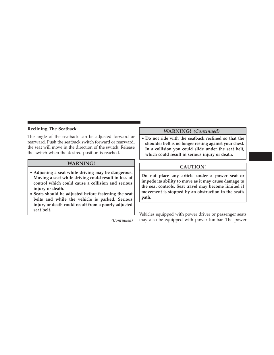 Reclining the seatback, Power lumbar — if equipped | Dodge 2014 Charger - Owner Manual User Manual | Page 201 / 635