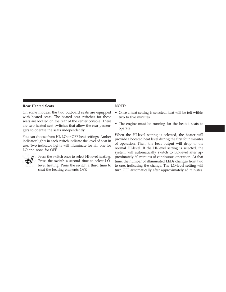 Rear heated seats | Dodge 2014 Charger - Owner Manual User Manual | Page 205 / 635