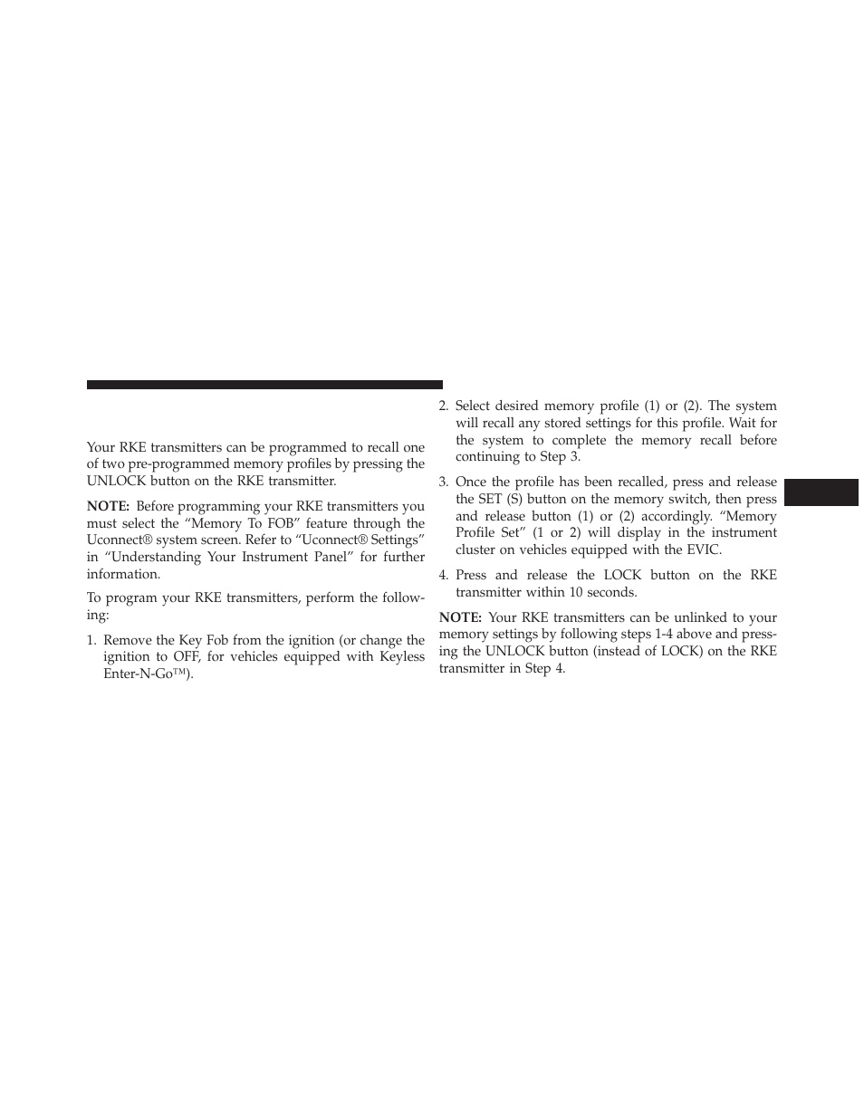 Linking and unlinking the remote keyless entry, Transmitter to memory | Dodge 2014 Charger - Owner Manual User Manual | Page 215 / 635