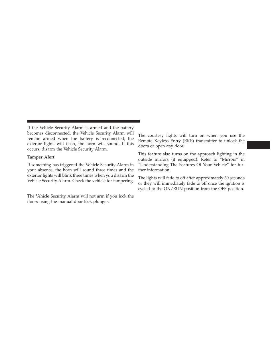 Tamper alert, Security system manual override, Illuminated entry — if equipped | Dodge 2014 Charger - Owner Manual User Manual | Page 23 / 635