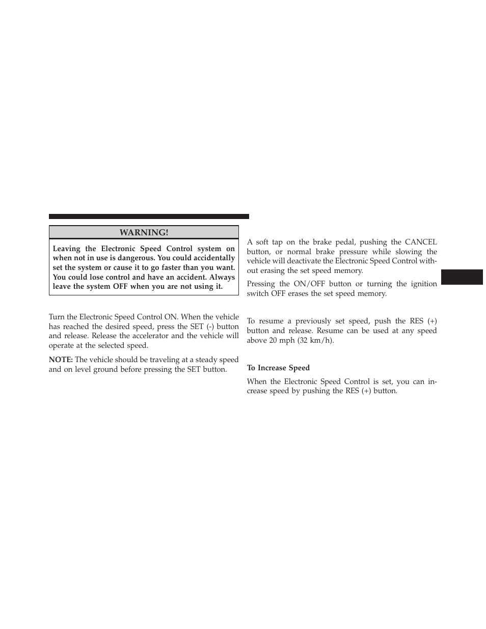 To set a desired speed, To deactivate, To resume speed | To vary the speed setting | Dodge 2014 Charger - Owner Manual User Manual | Page 241 / 635