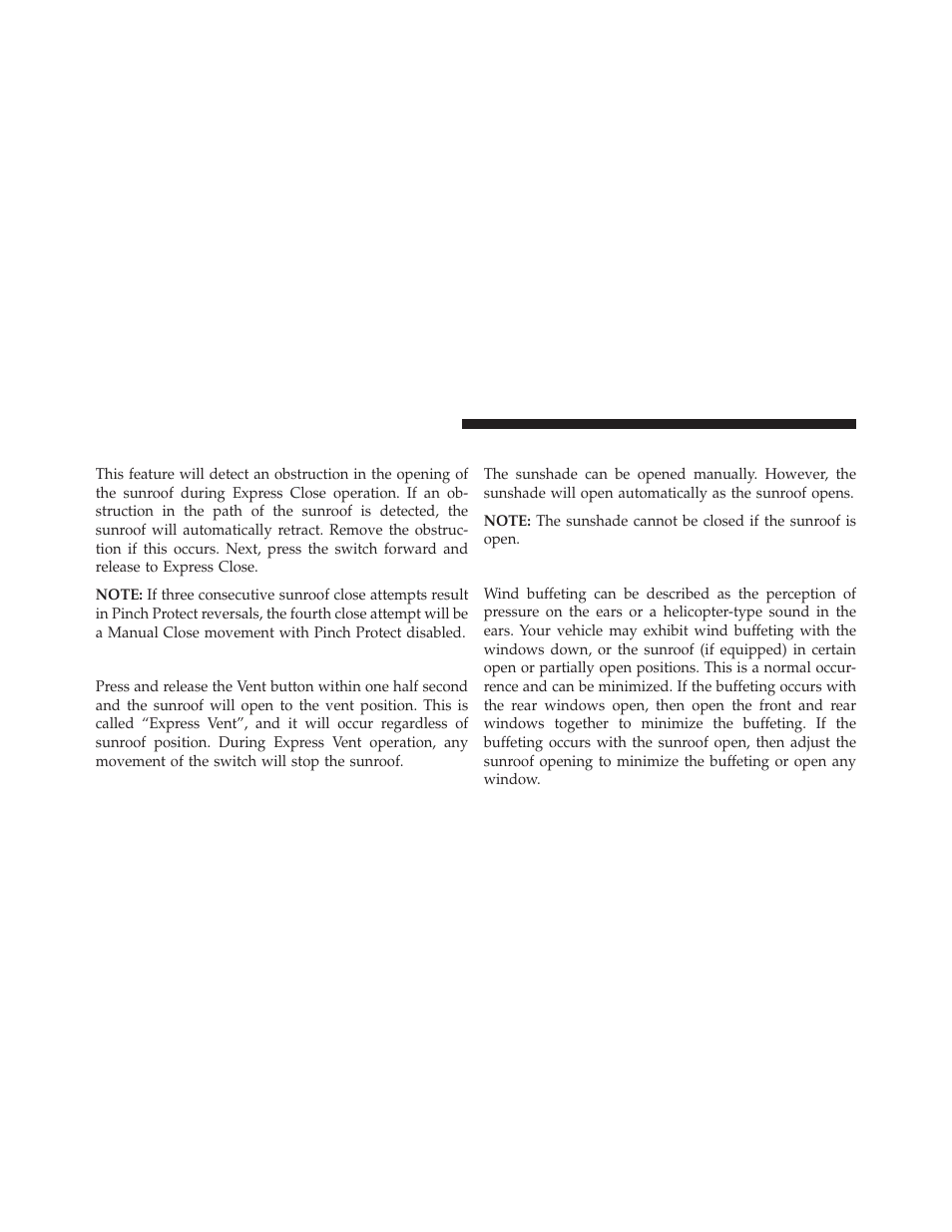 Pinch protect feature, Venting sunroof — express, Sunshade operation | Wind buffeting | Dodge 2014 Charger - Owner Manual User Manual | Page 296 / 635