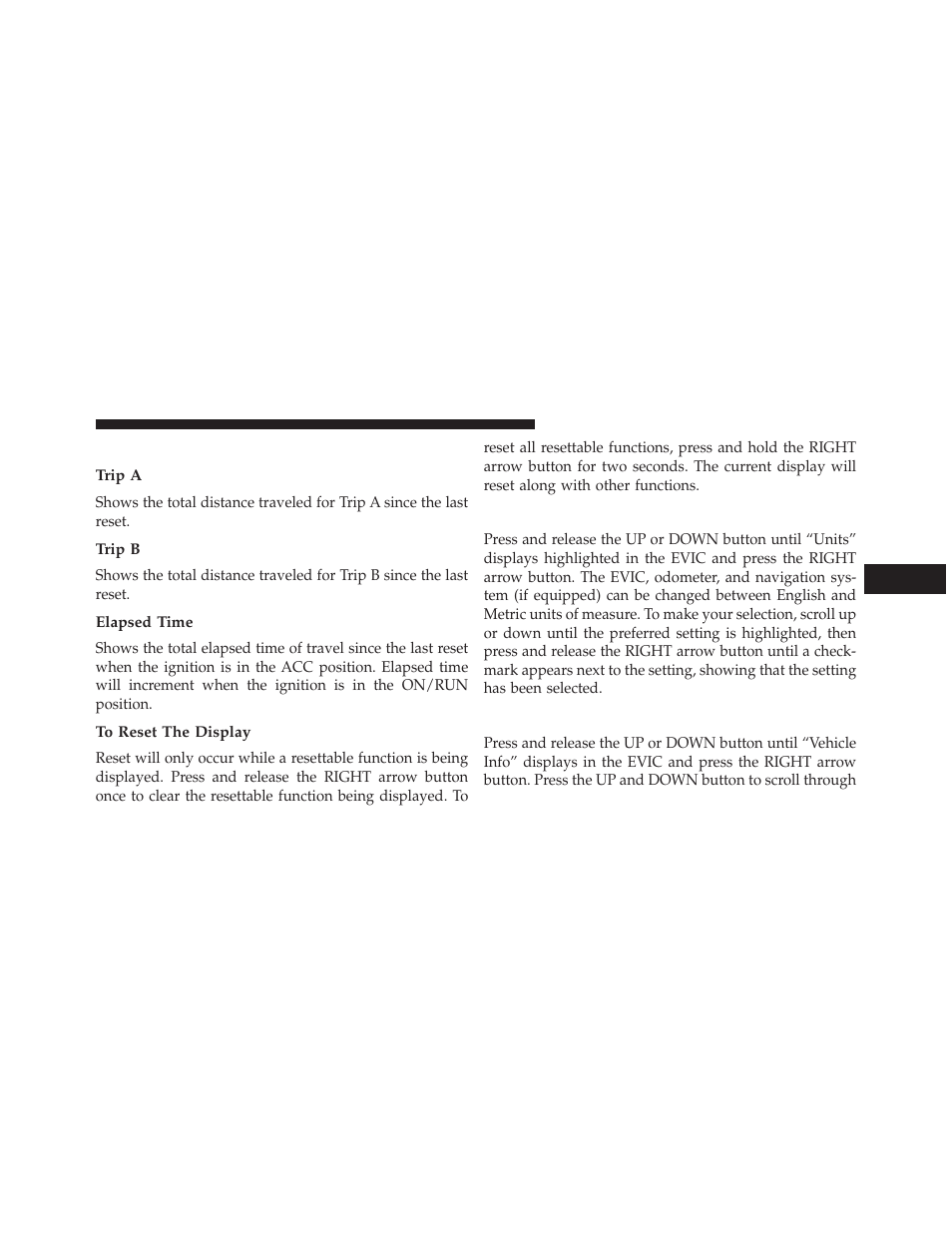 Trip info, Trip a, Trip b | Elapsed time, To reset the display, Units, Vehicle info (customer information features) | Dodge 2014 Charger - Owner Manual User Manual | Page 339 / 635